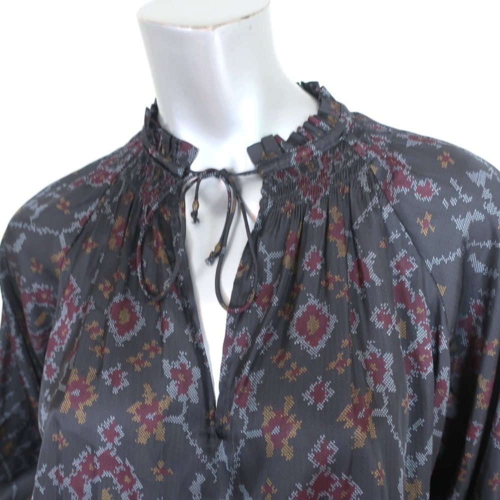 ULLA JOHNSON MINI DRESS PIERA CHARCOAL PRINTED PLEATED SATIN SIZE 2 LONG SLEEVE - Picture 2 of 8